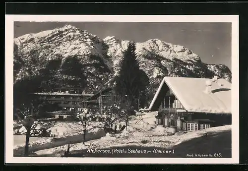 AK Riessersee, Hotel und Seehaus Riessersee mit Kramer im Schnee