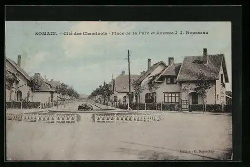 AK Somain, Place de la Paix et Avenue J. J. Rousseau