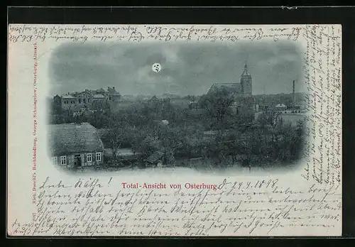 Mondschein-AK Osterburg, Ortspartie mit Kirche