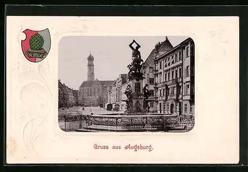 Präge-AK Augsburg, Strassenpartie mit Springbrunnen und Blick zur Kirche, Wappen