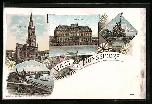 Lithographie Düsseldorf, Denkmal vor dem Ständehaus, Joharniskirche, Neue Rheinbrücke