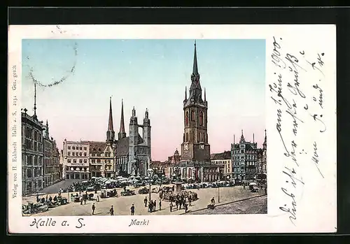 Goldfenster-AK Halle /Saale, Markt und Kirche mit leuchtenden Fenstern