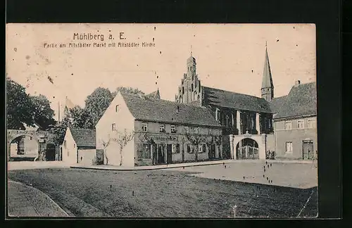 AK Mühlberg a. E., Altstädter markt mit Kirche