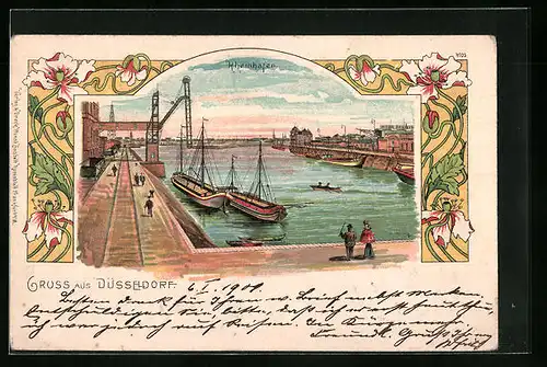 Lithographie Düsseldorf, Schiff im Rheinhafen