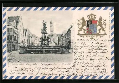 AK Augsburg, Herculesbrunnen m. St. Ulrich, Wappen