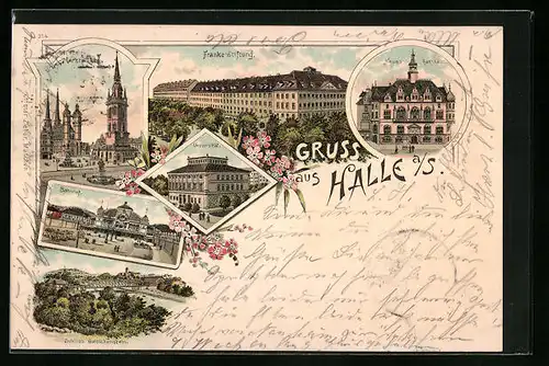 Lithographie Halle a. S., Universität, Bahnhof, Franke-Stiftung