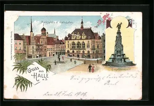 Lithographie Halle a. S., Marktplatz mit Rathskeller, Siegesdenkmal