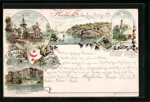 Lithographie Halle a. S., Gasthaus Peissnitz, Moritzburg, Saalepartie