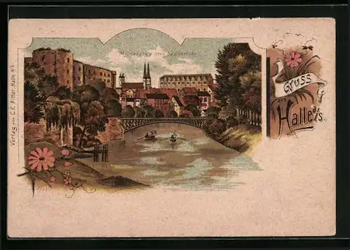 Lithographie Halle a. S., Moritzburg mit neuer Saalebrücke