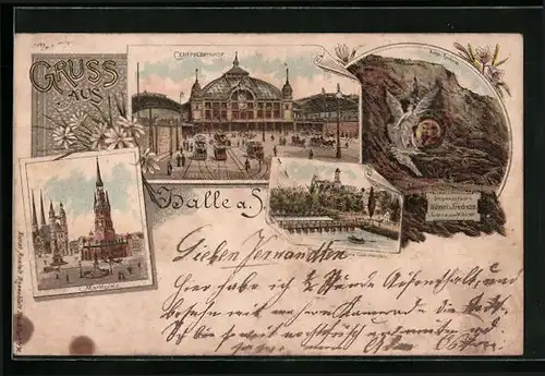 Lithographie Halle a. S., Centralbahnhof, Kaiser-Denkmal, Marktplatz