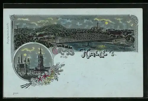 Mondschein-Lithographie Halle a. S., Blick von Bergschänke ins Saaletal, Ortspartie