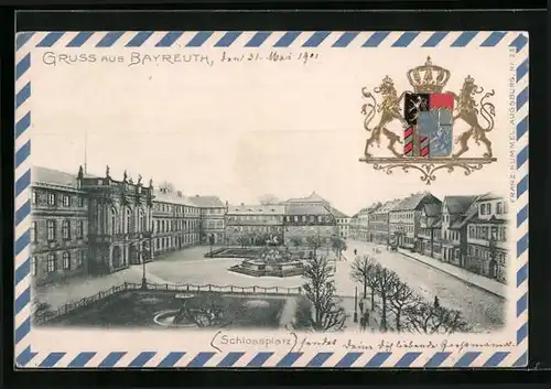 Passepartout-Lithographie Bayreuth, Schlossplatz mit Denkmal, Wappen