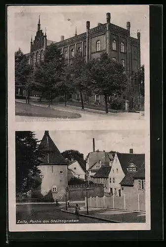 AK Zeitz, Knabenvolksschule, Strassenpartie am Steingraben