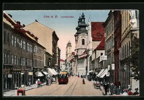 AK Linz a. D., Landstrasse mit Strassenbahn