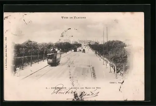 AK Dunkerque, Avenue des Bains de Mer, Strassenbahn