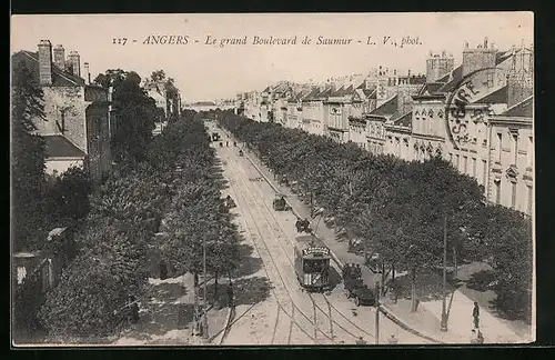 AK Angers, Le grand Boulevard de Saumur, Strassenbahn