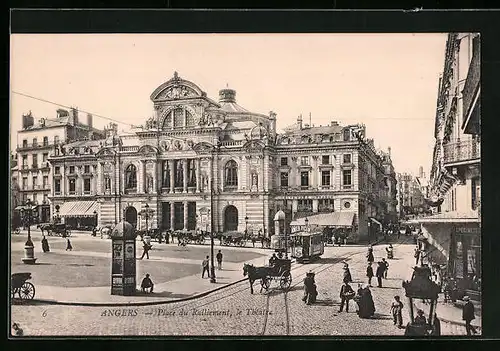 AK Angers, Place du Ralliement, Le Théatre, Strassenbahn