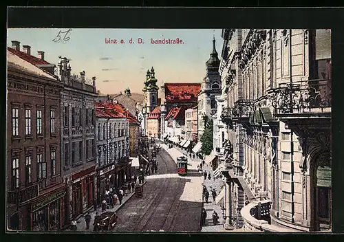 AK Linz a. d. Donau, Landstrasse mit Strassenbahn
