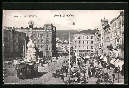 AK Linz a. d. Donau, Franz Josefsplatz mit Strassenbahn