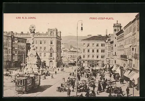 AK Linz a. d. Donau, Franz-Josef-Platz mit Strassenbahn