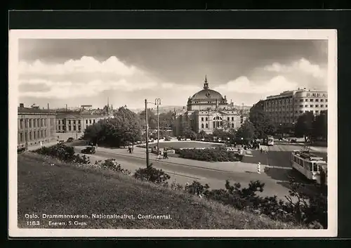 AK Oslo, Drammensveien, Nationalteatret, Continental, Strassenbahn