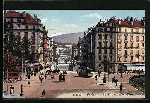 AK Genève, La Rue du Mont-Blanc, Strassenbahn