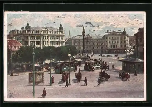 Künstler-AK Graz, Jacomini-Platz mit Strassenbahn