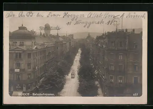 AK Zürich, Bahnhofstrasse aus der Vogelschau mit Strassenbahn