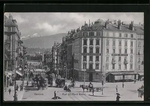 AK Genève, Rue du Mont Blanc, Strassenbahn