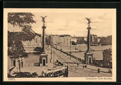 AK Prag, Svatopluk Chech-Brücke, Strassenbahn