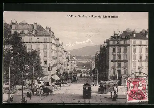 AK Genève, Rue du Mont-Blanc, Strassenbahn