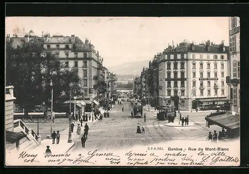 AK Genève, Rue du Mont-Blanc, Strassenbahn