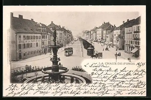 AK La Chaux-de-Fonds, Teilansicht mit Strassenbahn