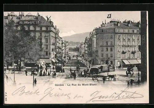 AK Genève, La Rue du Mont-Blanc, Strassenbahn