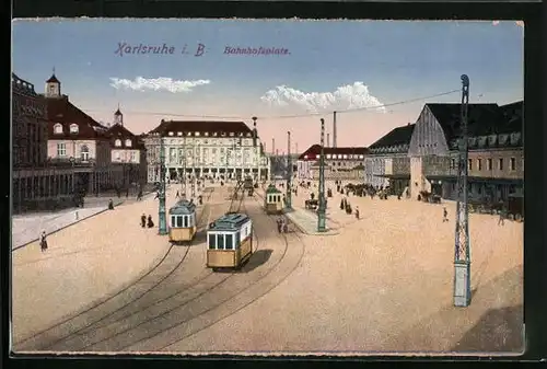 AK Karlsruhe, Bahnhofsplatz mit Strassenbahn