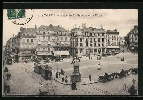 AK Angers, Place du Ralliement et la Poste, Strassenbahn
