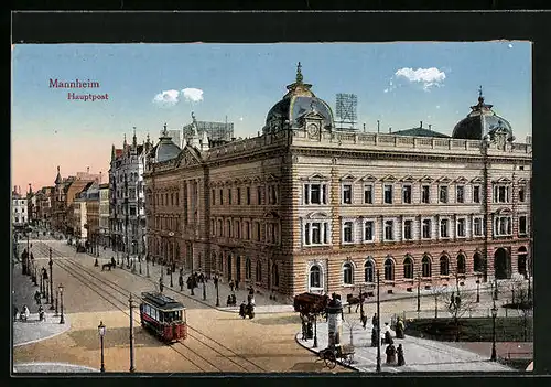 AK Mannheim, Hauptpost mit Strassenbahn