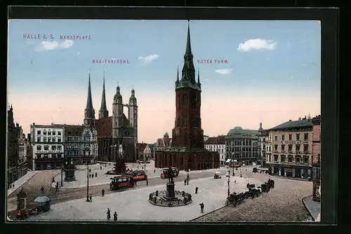 AK Halle a. S., Marienkirche, Roter Turm, Strassenbahn