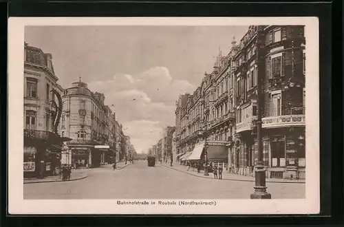 AK Roubaix, Bahnhofstrasse mit Strassenbahn
