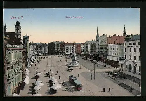 AK Linz a. D., Franz Josefplatz mit Strassenbahn