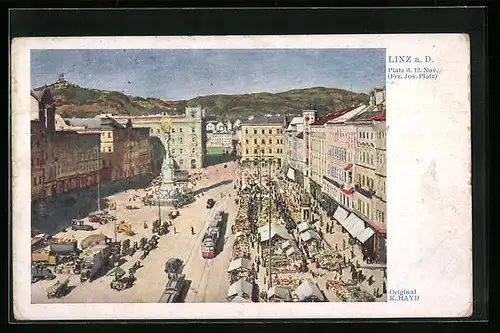 AK Linz a. D., Strassenbahn auf dem Platz d. 12. Nov.
