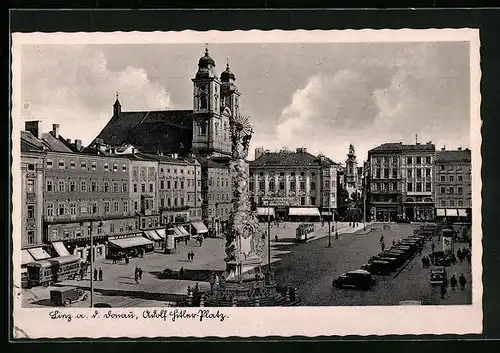 AK Linz a. D., Platz mit Strassenbahn