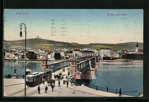 AK Linz a. D., Strassenbahn, Brücke und Urfahr