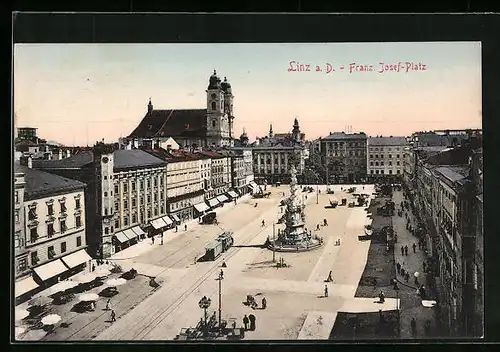 AK Linz a. D., Strassenbahn am Franz-Josef-Platz