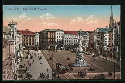 AK Linz a. D., Platz des 12. November mit Strassenbahn