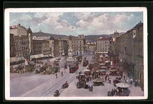 Künstler-AK Linz a. D., Strassenbahn am Platz des 12. November