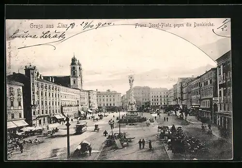 AK Linz a. D., Franz-Josef-Platz gegen die Domkirche, Strassenbahn