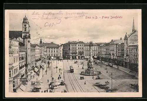 AK Linz a. D., Strassenbahn am Franz Josefplatz