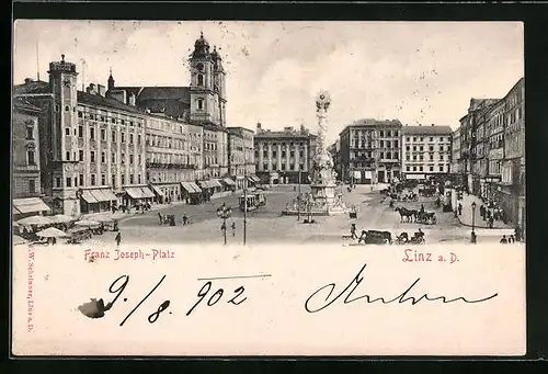 AK Linz a. D., Strassenbahn auf dem Franz Joseph-Platz