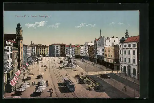 AK Linz a. D., Franz Josefplatz mit Strassenbahn